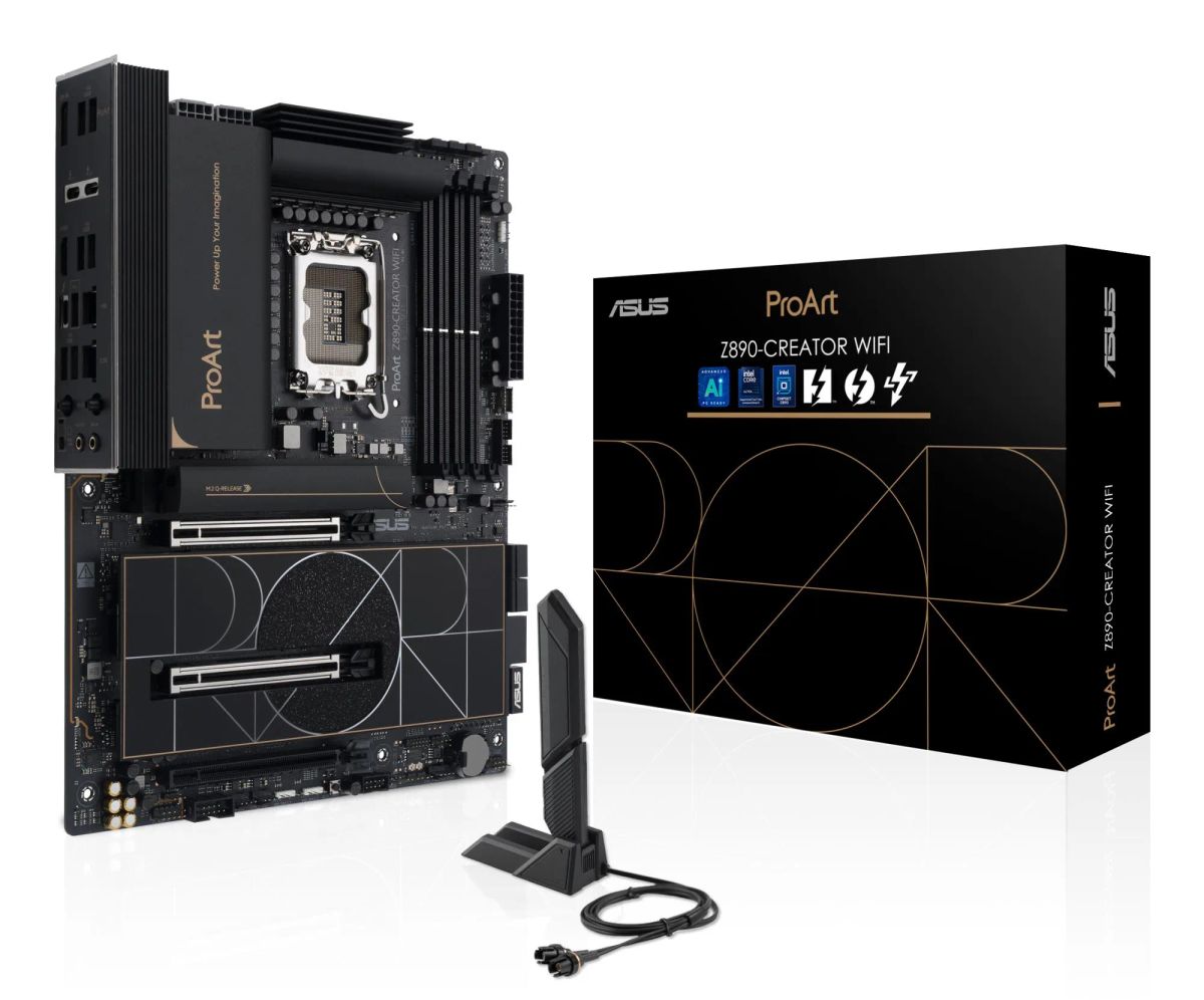 Mainboard|ASUS|Intel Z890|LGA1851|ATX|Memory DDR5|Memory slots 4|1xPCI-Express 4.0 16x|2xPCI-Express 5.0 16x|5xM.2|1xHDMI|1xDisplayPort|1xAudio-In|1xAudio-Out|1xUSB 2.0|6xUSB 3.2|3xUSB-C w/Thunderbolt|1xRJ45|PROARTZ890-CREATORWIFI