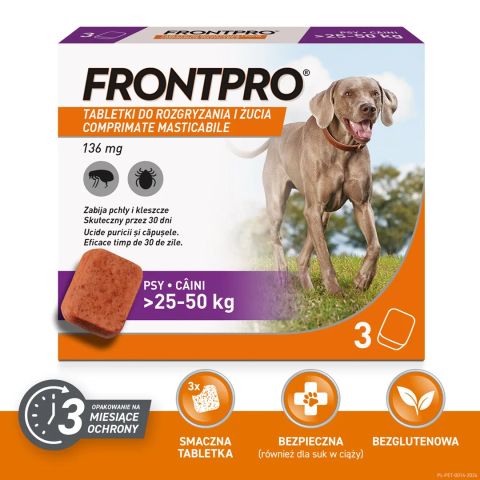 FRONTPRO Flea and tick tablets for dog (>25-50 kg) - 3x 136mg