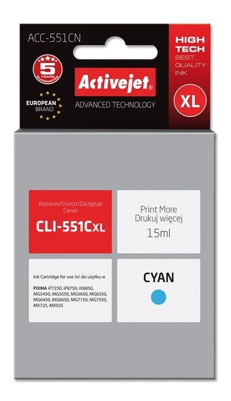 Activejet ACC-551CN Ink cartridge (replacement for Canon CLI-551C; Supreme; 15 ml; cyan)