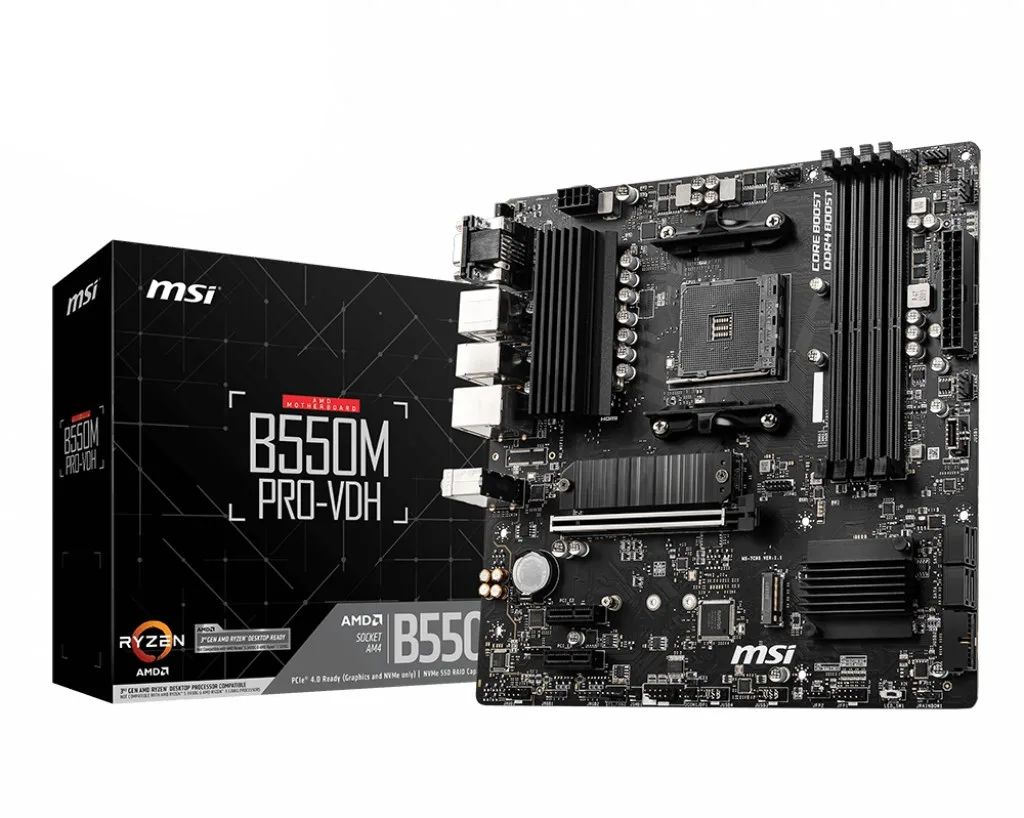 Mainboard|MSI|AMD B550|SAM4|MicroATX|Memory DDR4|Memory slots 4|2xPCI-Express 3.0 1x|1xPCI-Express 4.0 16x|2xM.2|1x15pin D-sub|1xHDMI|1xDisplayPort|2xAudio-In|1xAudio-Out|2xUSB 2.0|4xUSB 3.2|1xPS/2|1xRJ45|B550MPRO-VDH