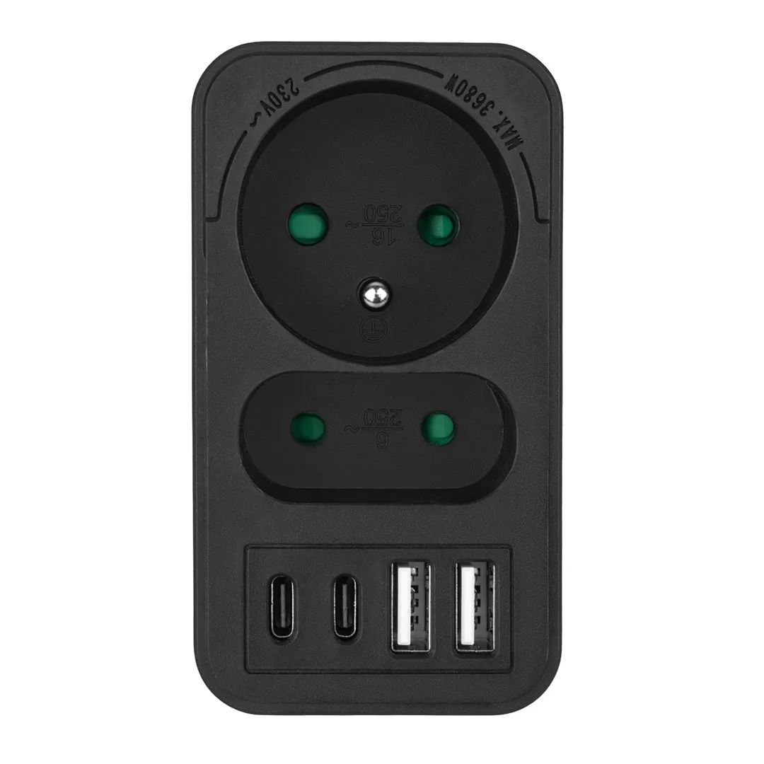 Maclean current socket x2 + 4xUSB, splitter with 2 sockets, 2xUSB A, 2xUSB C PD 20W, 1x16A + 1x6A, MCE249 F/B