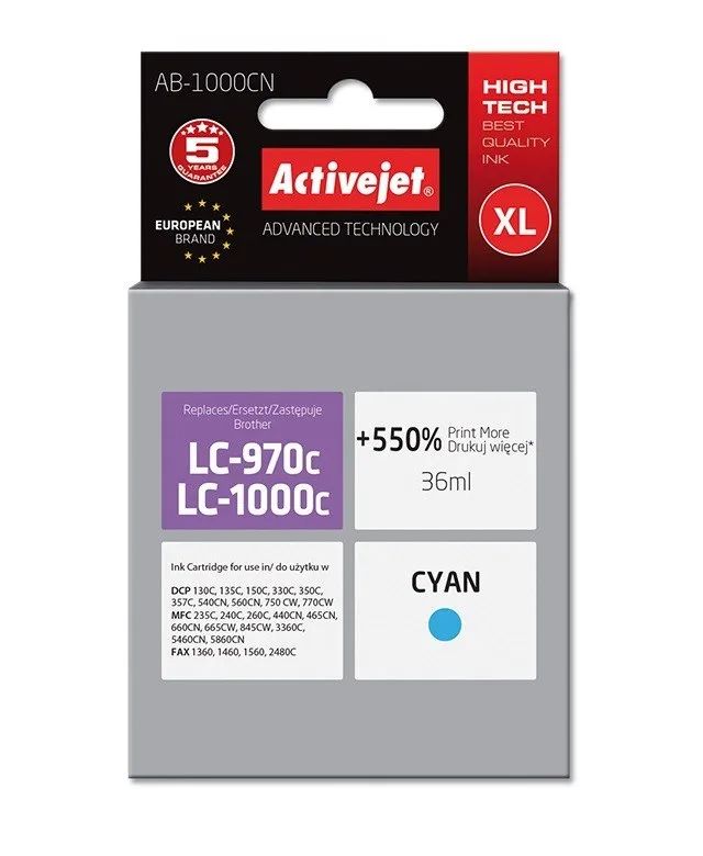 Activejet AB-1000CN Ink (replacement for Brother LC1000C/970C; Supreme; 36 ml; cyan). Prints 550% more.