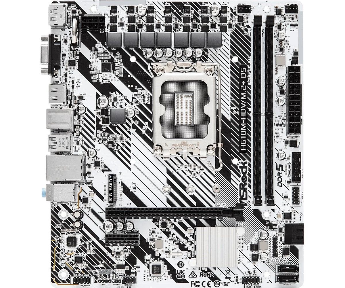 Mainboard|ASROCK|Intel H610|LGA1700|Micro-ATX|Memory DDR5|Memory slots 2|1xPCI-Express 3.0 1x|1xPCI-Express 4.0 16x|1xM.2|1x15pin D-sub|1xHDMI|1xDisplayPort|1xAudio-In|1xAudio-Out|1xMicrophone|4xUSB 2.0|1xUSB 3.2|1xUSB-C|1xPS/2|1xRJ45|H610M-HDV/M.2+…