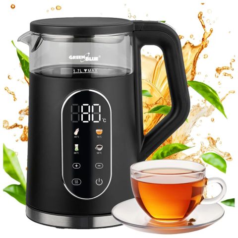 GreenBlue Cordless Electric Kettle, 1.7 L capacity, glass water tank, easy-to-read display, temperature selection, 2200 W, GB670 B