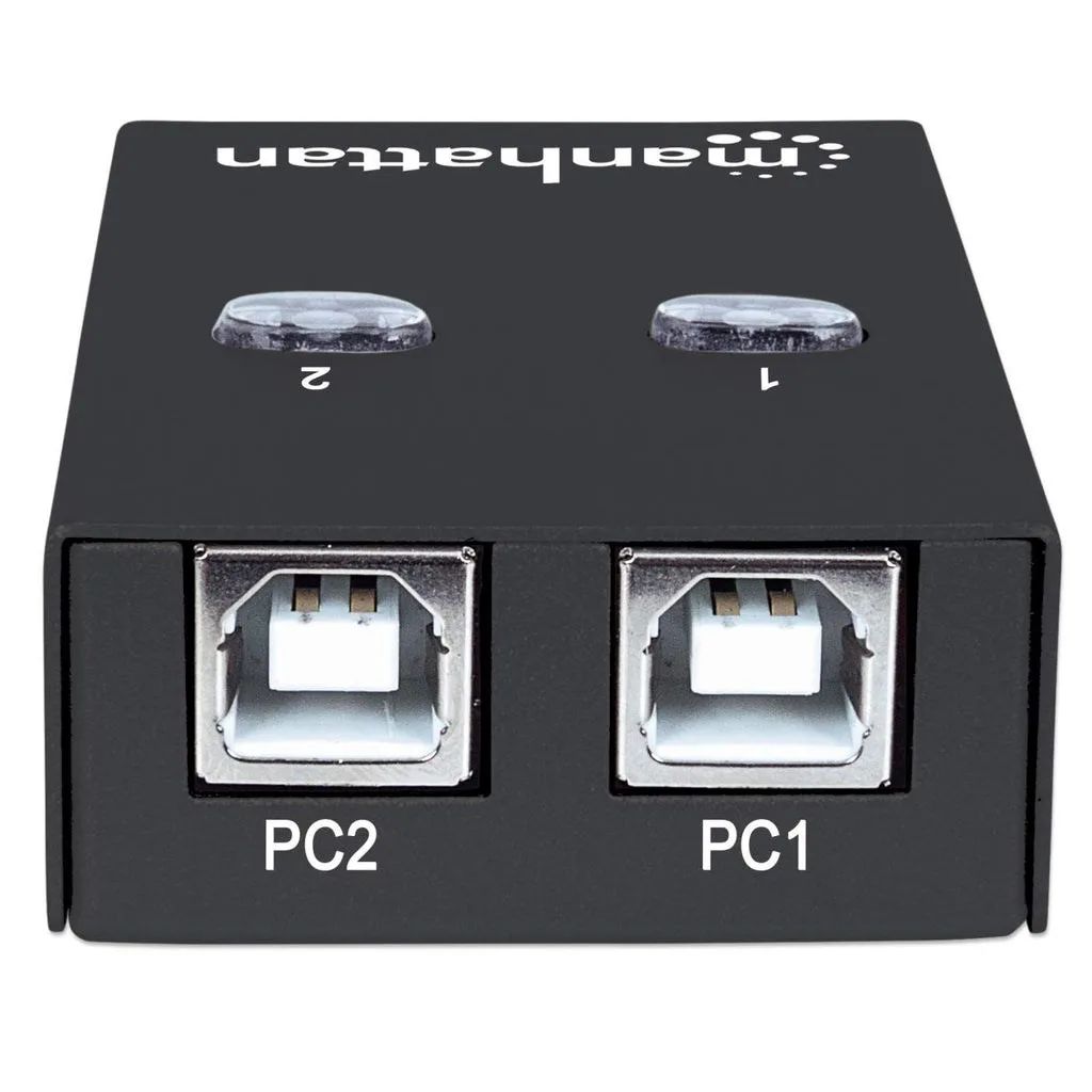 Manhattan USB-A Automatic Sharing Switch, 2x USB-B Ports, 480 Mbps (USB 2.0), Dual Control (Auto-Sensing or Manual), USB powered (no external power supply required), inc 1x 1.5m USB-A to USB-B cable