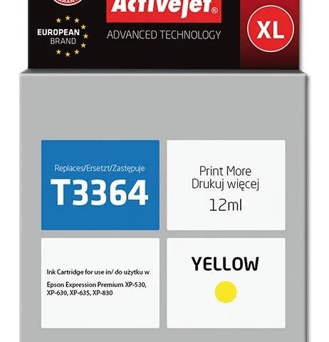 Activejet AE-33YNX Ink Cartridge (replacement for Epson 33XL T3364; Supreme; 12 ml; yellow)