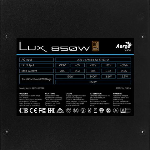 Aerocool LUX850 PC Power Supply 850W 80 Plus Bronze 230V 88% Efficiency Black