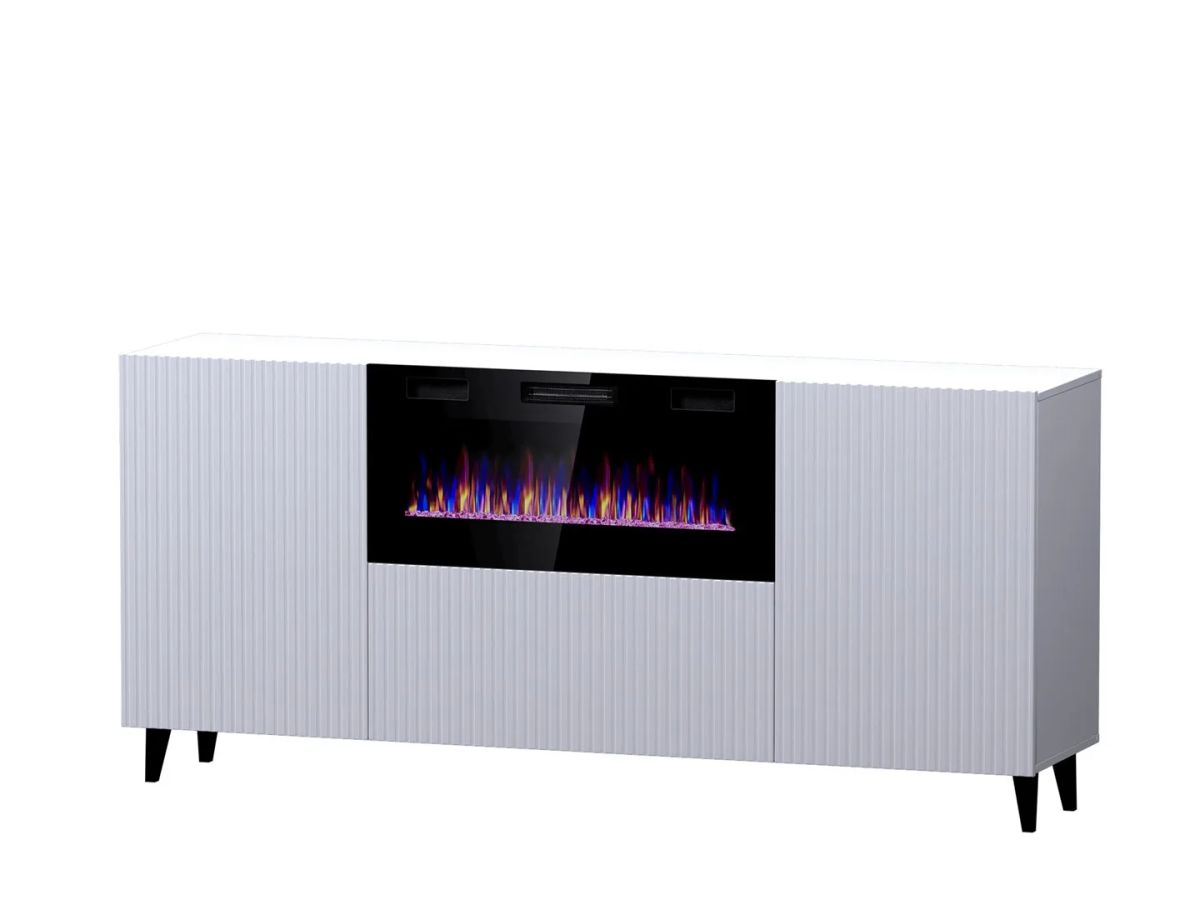 PAFOS chest of drawers with electric fireplace 180x42x82 cm white matt