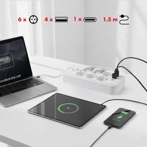 Maclean power strip, 6 socket extension + 4xUSB, 110-240V AC 50/60Hz, 2.1A max 2500W, 1.5 m, white, MCE389 W