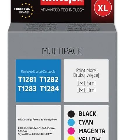 Activejet AEB-1285N Ink (replacement for Epson T1281, T1282, T1283, T1284; Supreme; 1 x 15 ml, 3 x 13 ml; black, magenta, cyan, yellow)