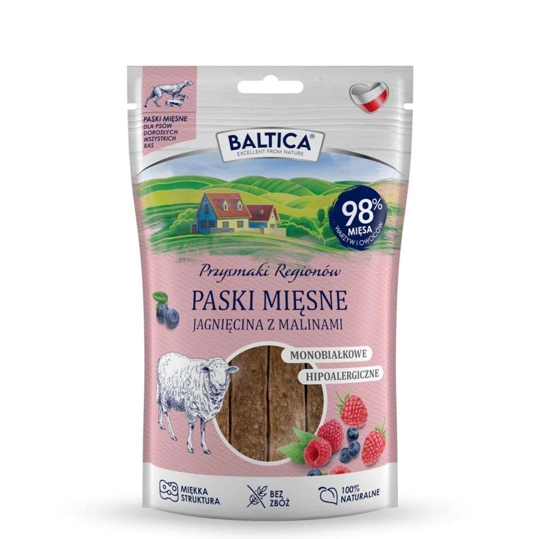 BALTICA Przysmaki Regionów Mono Meat Strips Lamb with Raspberries – dog treat – 90 g