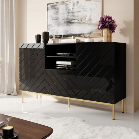 ABETO chest of drawers on golden steel frame 150x42x90 black/black gloss