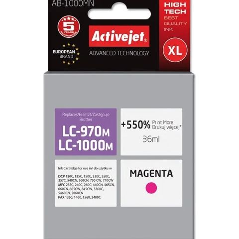 Activejet AB-1000MN Ink (replacement for Brother LC1000M/970M; Supreme; 35 ml; magenta). Prints 550% more.