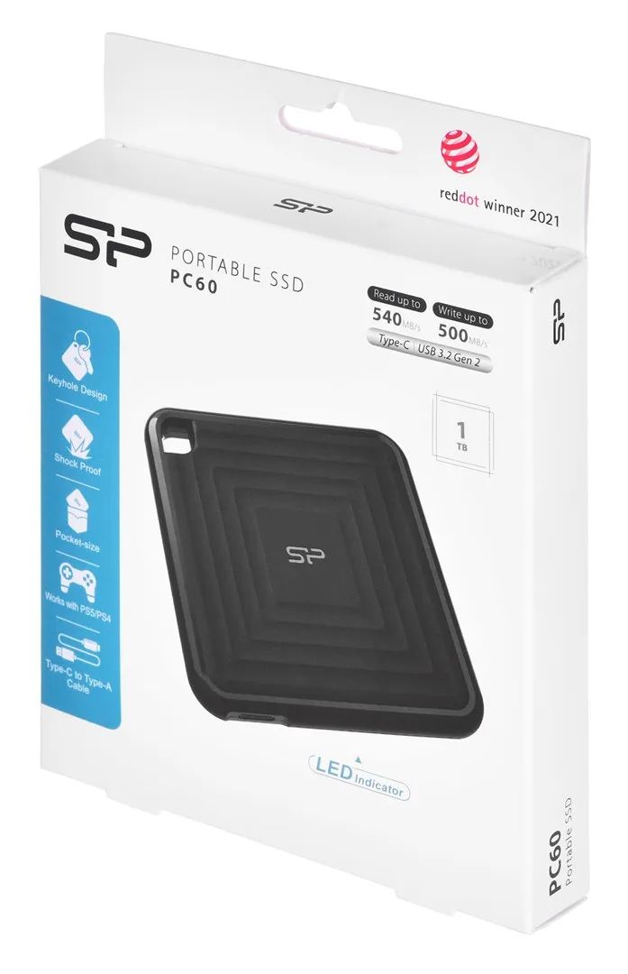 Silicon Power PC60 Portable SSD 1 TB USB Type-A to USB Type-C 3.2 Gen 1 (3.1 Gen 1) Black