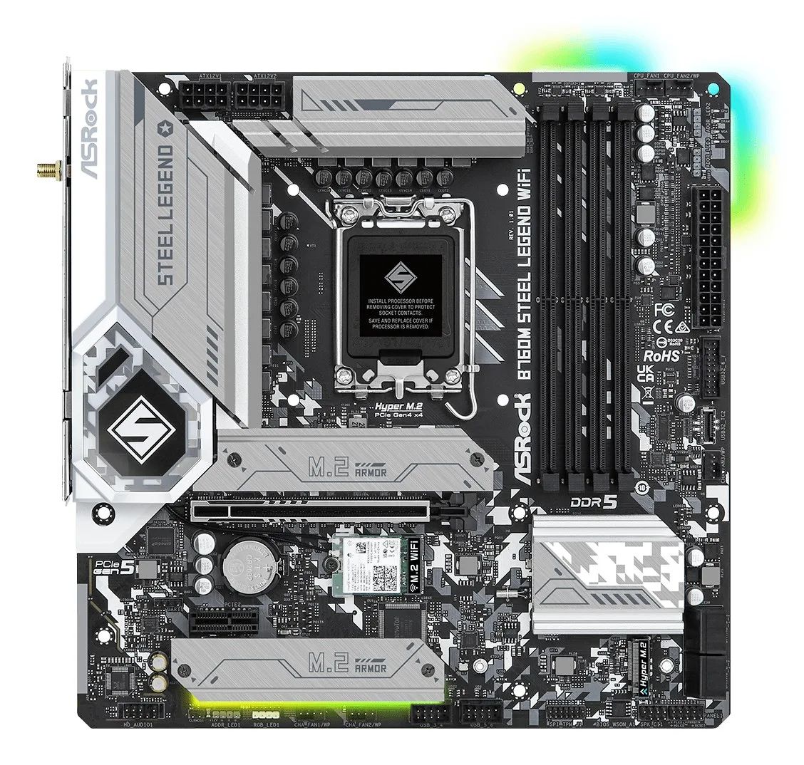 Mainboard|ASROCK|Intel B760 Express|LGA1700|Micro-ATX|Memory DDR5|Memory slots 4|1xPCI-Express 4.0 1x|1xPCI-Express 5.0 16x|4xM.2|1xHDMI|1xDisplayPort|2xUSB 2.0|5xUSB 3.2|1xUSB-C|1xPS/2|1xRJ45|3xAudio port|B760MSTEELLEGENDWIFI