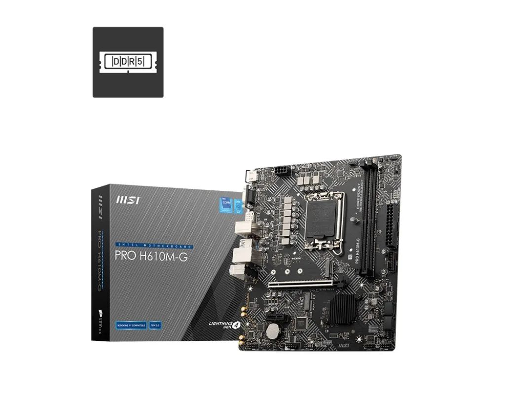 Mainboard|MSI|PRO H610M-G|Intel H610|LGA 1700|micro ATX|RAM DDR5-SDRAM|2xSlots|1xPCI Express x1 slots|1xPCI Express x16 slots|1xNumber of M.2 (M) slots|PROH610M-G