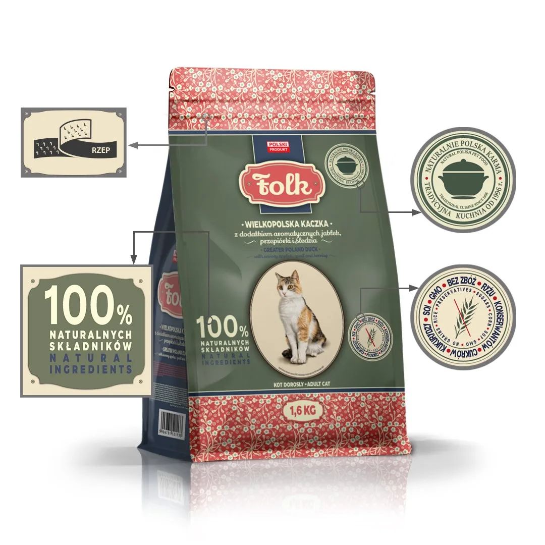 FOLK Greater Poland duck with apples, quail and herring - dry cat food - 1,6kg