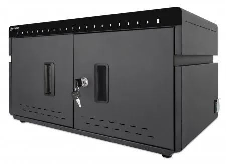 Manhattan iPad to 11" 20-bay Charging Cabinet Desktop via USB-C, Also other tablets and smartphones (with device to USB-C cable), Bays 264x22x235mm, Device charging cables not included (suggest USB-C cable 354868), Cart, Lockable, EU/UK power cords