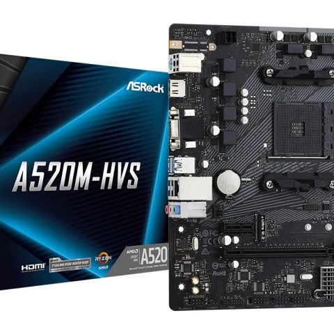 Mainboard|ASROCK|AMD A520|SAM4|Micro-ATX|Memory DDR4|Memory slots 2|1xPCI-Express 3.0 1x|1xPCI-Express 3.0 16x|1xM.2|1x15pin D-sub|1xHDMI|2xAudio-In|1xAudio-Out|2xUSB 2.0|4xUSB 3.2|1xPS/2|1xRJ45|A520M-HVS