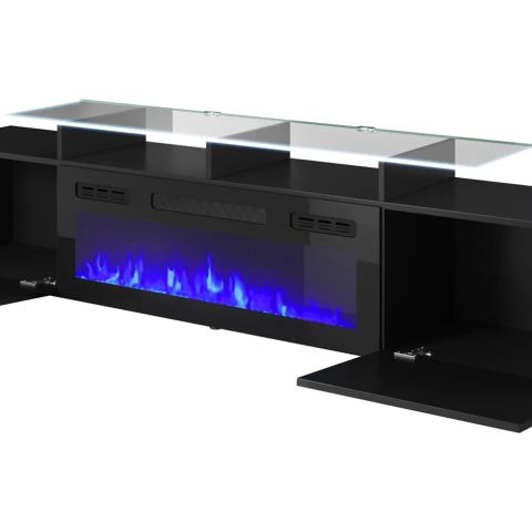 RTV cabinet ROVA with electric fireplace 190x37x48 cm black/black gloss