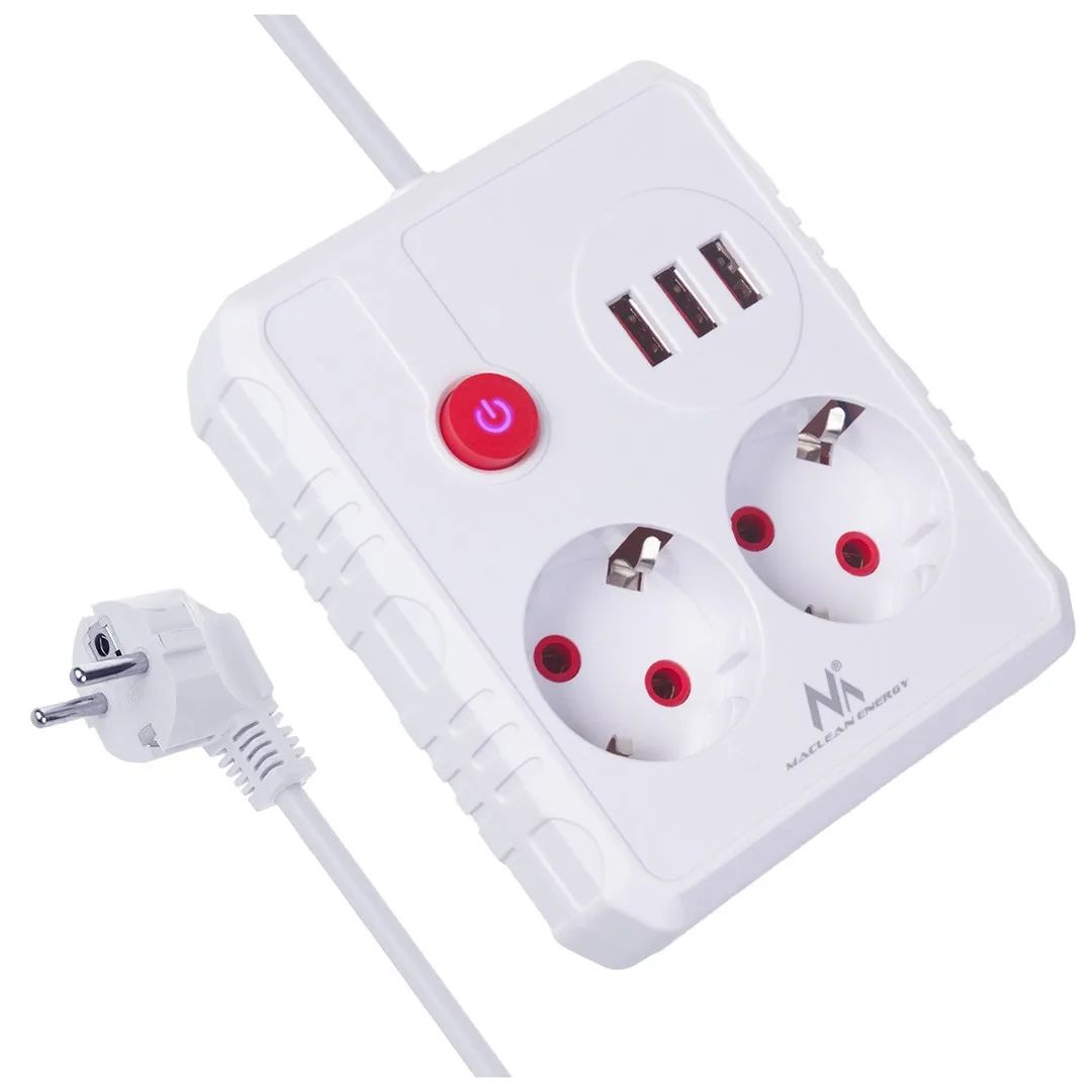 Maclean power strip, extender 2 sockets + 3xUSB, 110-240V AC 50/60Hz, 2.1A max 2500W, 3 m, white, MCE388 W