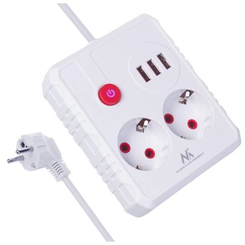 Maclean power strip, extender 2 sockets + 3xUSB, 110-240V AC 50/60Hz, 2.1A max 2500W, 3 m, white, MCE388 W
