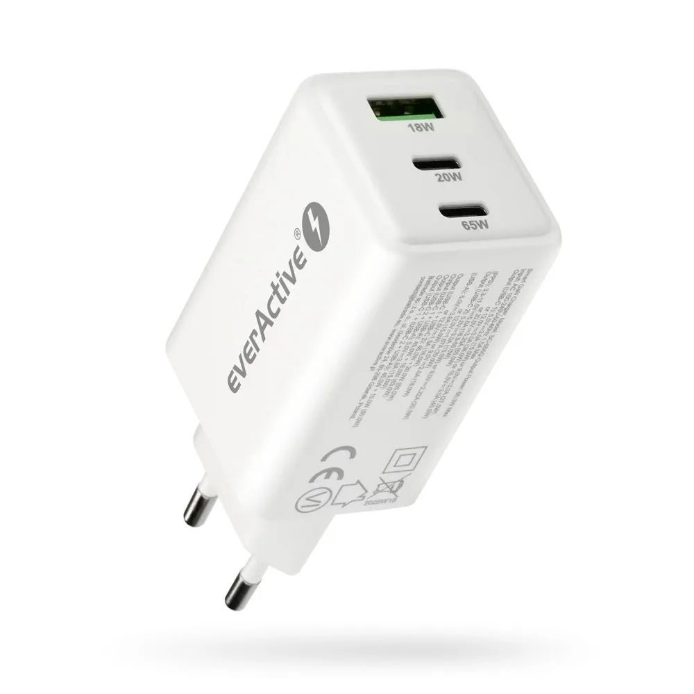 Charger GaN 1 x USB, 2 x USB-C Quick Charge 4+ 65W white