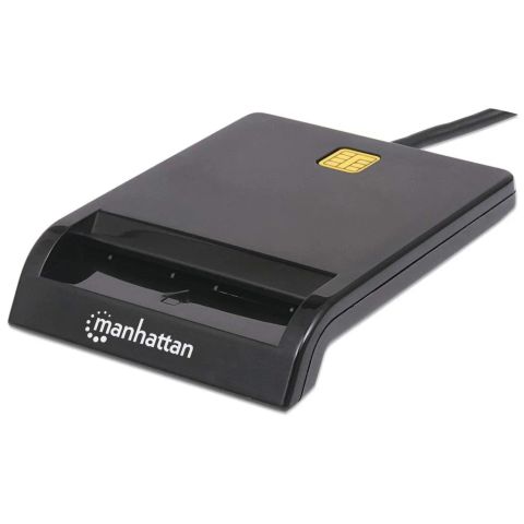 Manhattan USB-A Contact Smart Card Reader, 12 Mbps, Friction type compatible, External, Windows or Mac, Cable 105cm, Black, Three Year Warranty