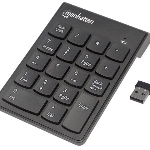Manhattan Numeric Keypad, Wireless (2.4GHz), USB-A Micro Receiver, 18 Full Size Keys, Black, Membrane Key Switches, Auto Power Management, Range 10m, AAA Battery (included), Windows and Mac, Three Year Warranty
