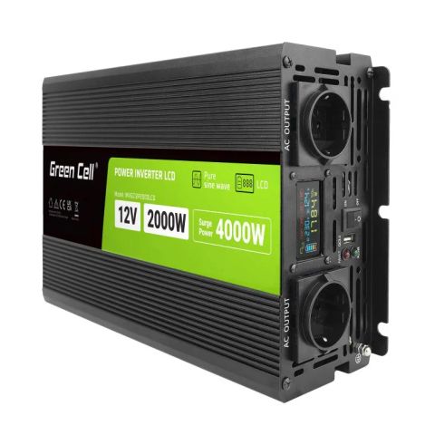 Green Cell PowerInverter LCD 12V to 230V 2000W/40000W car inverter with LCD display - pure sine wave