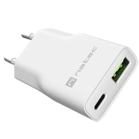 NATEC RIBERA GAN SLIM MAINS CHARGER 1× USB-A + 1× USB-C 20W WHITE