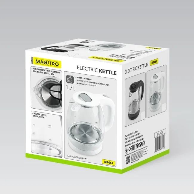 Maestro MR-063-WHITE Glass Electric Kettle 1.7 L White