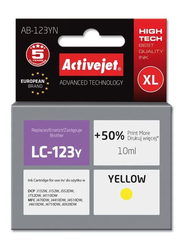 Activejet AB-123YN Ink (replacement for Brother LC123Y/121Y; Supreme; 10 ml; yellow)